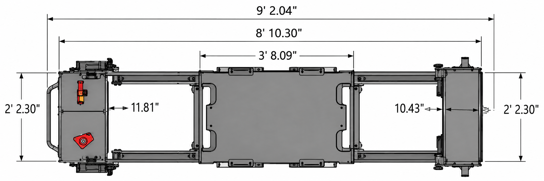 Carriage One dimension guide showing a 9 foot 2 inch length and 2 foot 2 inch width